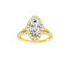 Marquise-cut diamond engagement ring with a prong-set diamond band and halo setting.