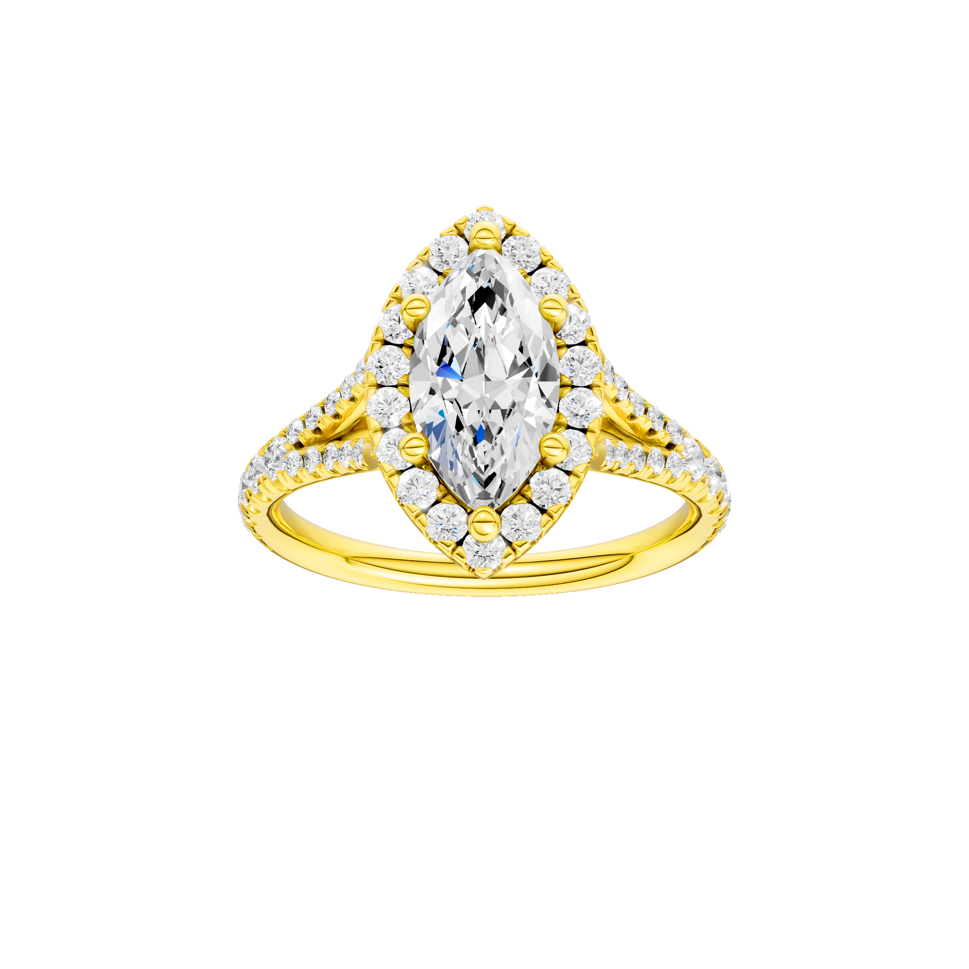 Marquise-cut diamond engagement ring with a prong-set diamond band and halo setting.