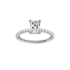 Radiant-cut diamond engagement ring with a prong-set diamond band and solitaire setting.