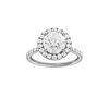 Round-cut diamond engagement ring with a prong-set diamond band and halo setting.