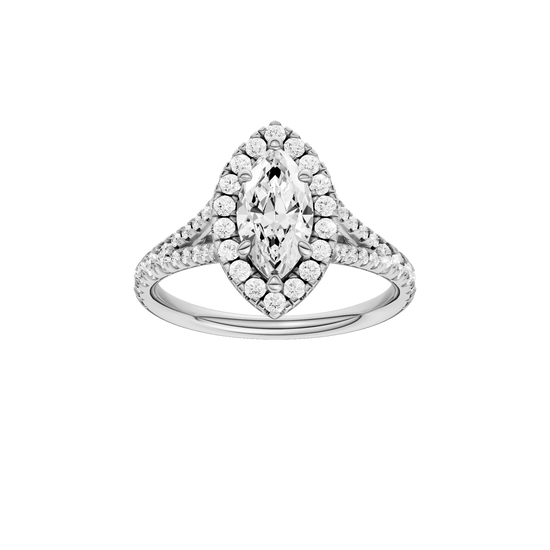 Marquise-cut diamond engagement ring with a prong-set diamond band and halo setting.