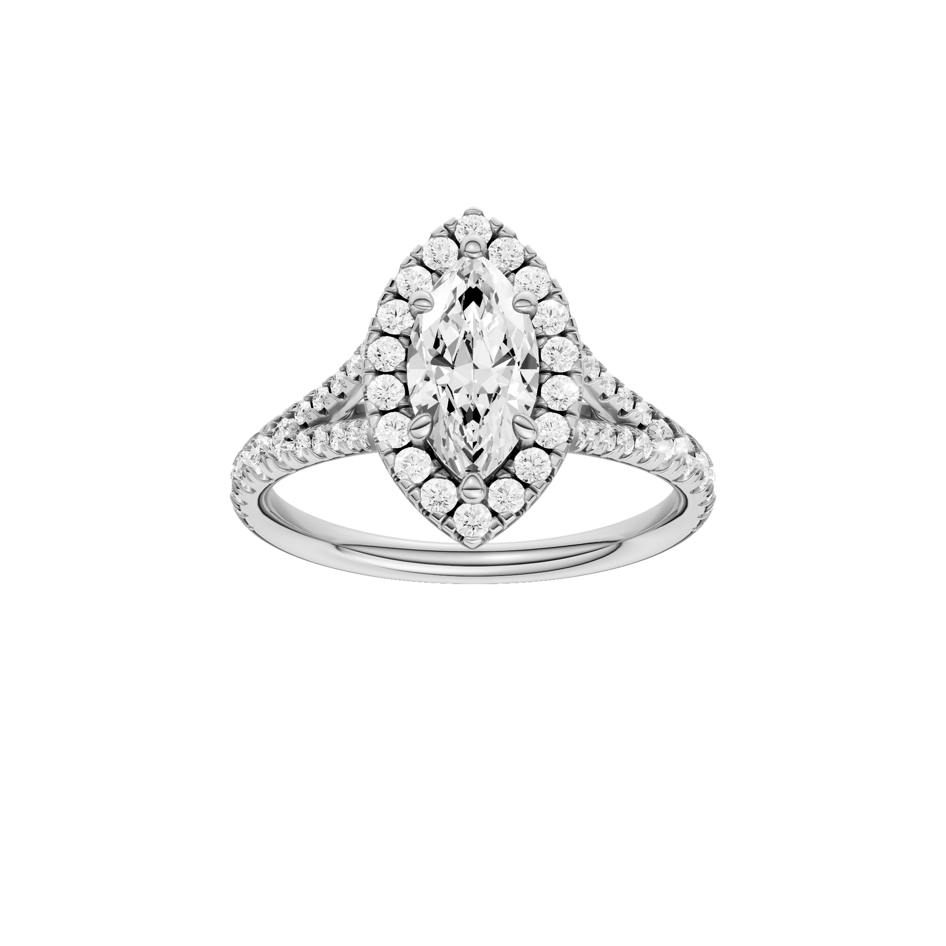 Marquise-cut diamond engagement ring with a prong-set diamond band and halo setting.