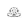 Round-cut diamond engagement ring with a prong-set diamond band and halo setting.