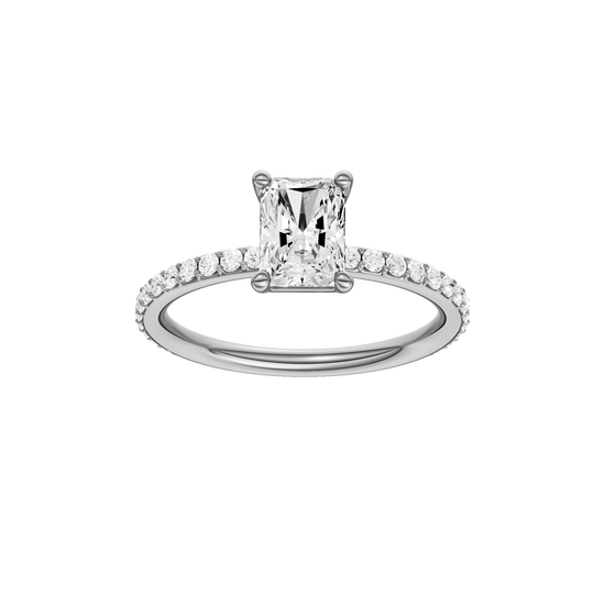 Radiant-cut diamond engagement ring with a prong-set diamond band and solitaire setting.