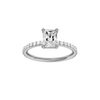 Radiant-cut diamond engagement ring with a prong-set diamond band and solitaire setting.