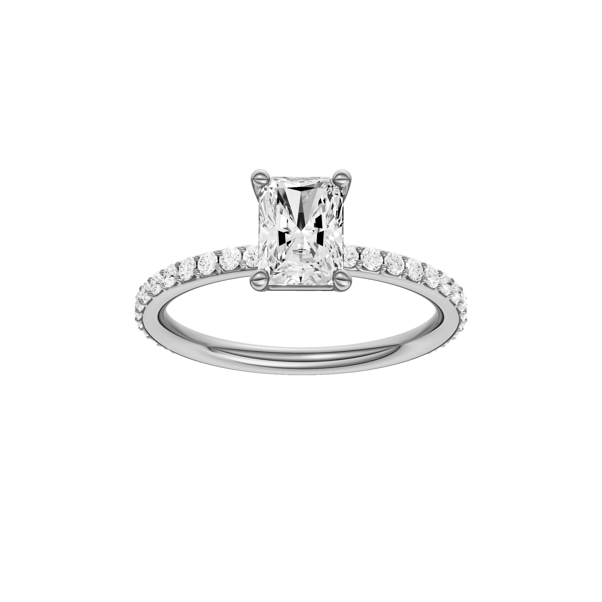 Radiant-cut diamond engagement ring with a prong-set diamond band and solitaire setting.