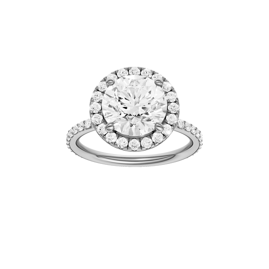 Round-cut diamond engagement ring with a prong-set diamond band and halo setting.