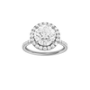 Round-cut diamond engagement ring with a prong-set diamond band and halo setting.