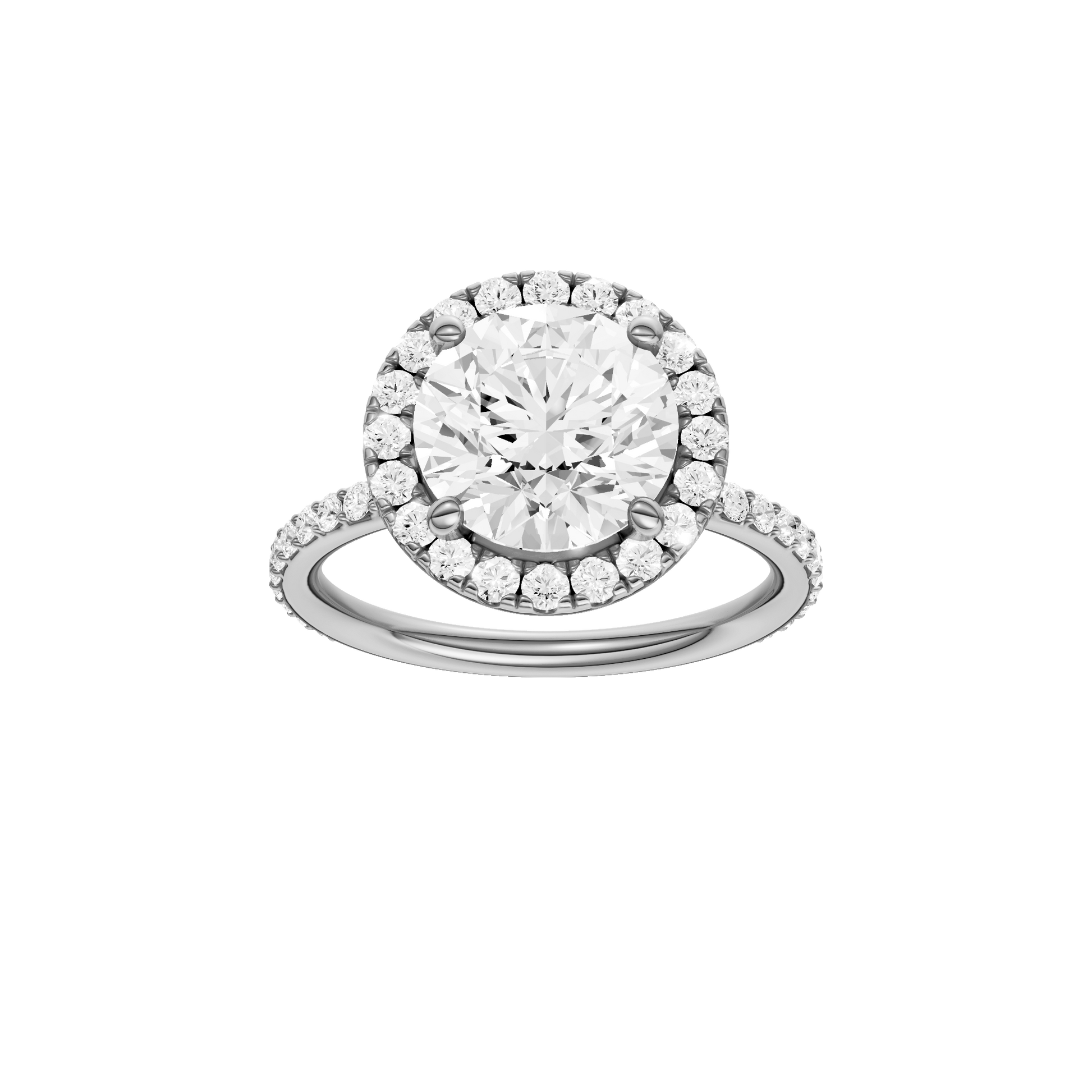 Round-cut diamond engagement ring with a prong-set diamond band and halo setting.