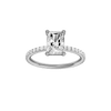 Radiant-cut diamond engagement ring with a prong-set diamond band and solitaire setting.