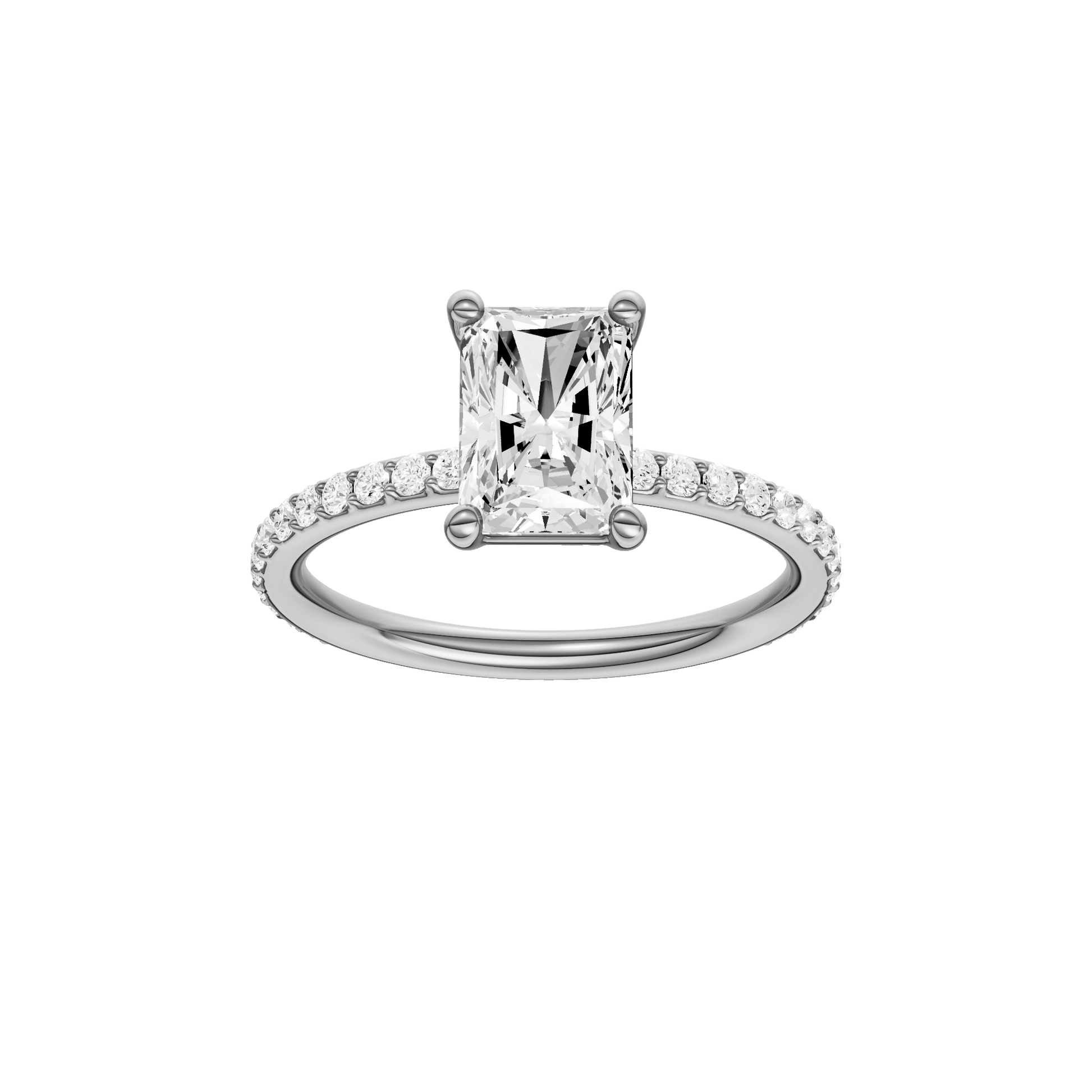 Radiant-cut diamond engagement ring with a prong-set diamond band and solitaire setting.