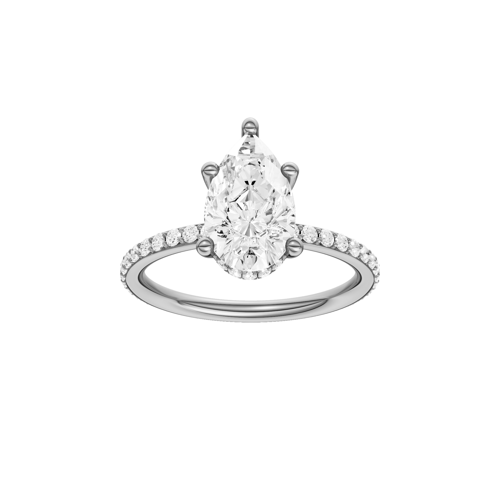 Radiant-cut diamond engagement ring with a prong-set diamond band and solitaire setting.