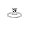 Radiant-cut diamond engagement ring with a prong-set diamond band and solitaire setting.