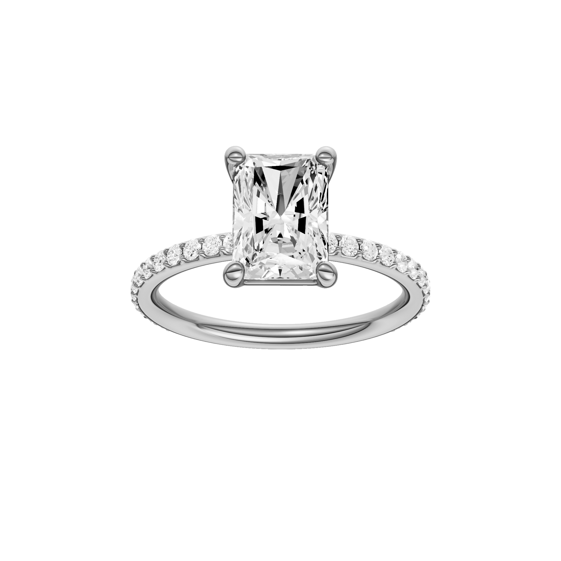 Radiant-cut diamond engagement ring with a prong-set diamond band and solitaire setting.