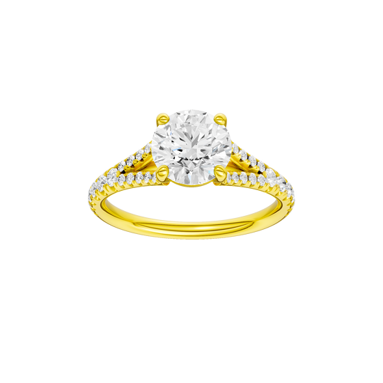 Round-cut diamond engagement ring with a prong-set diamond band and solitaire setting.