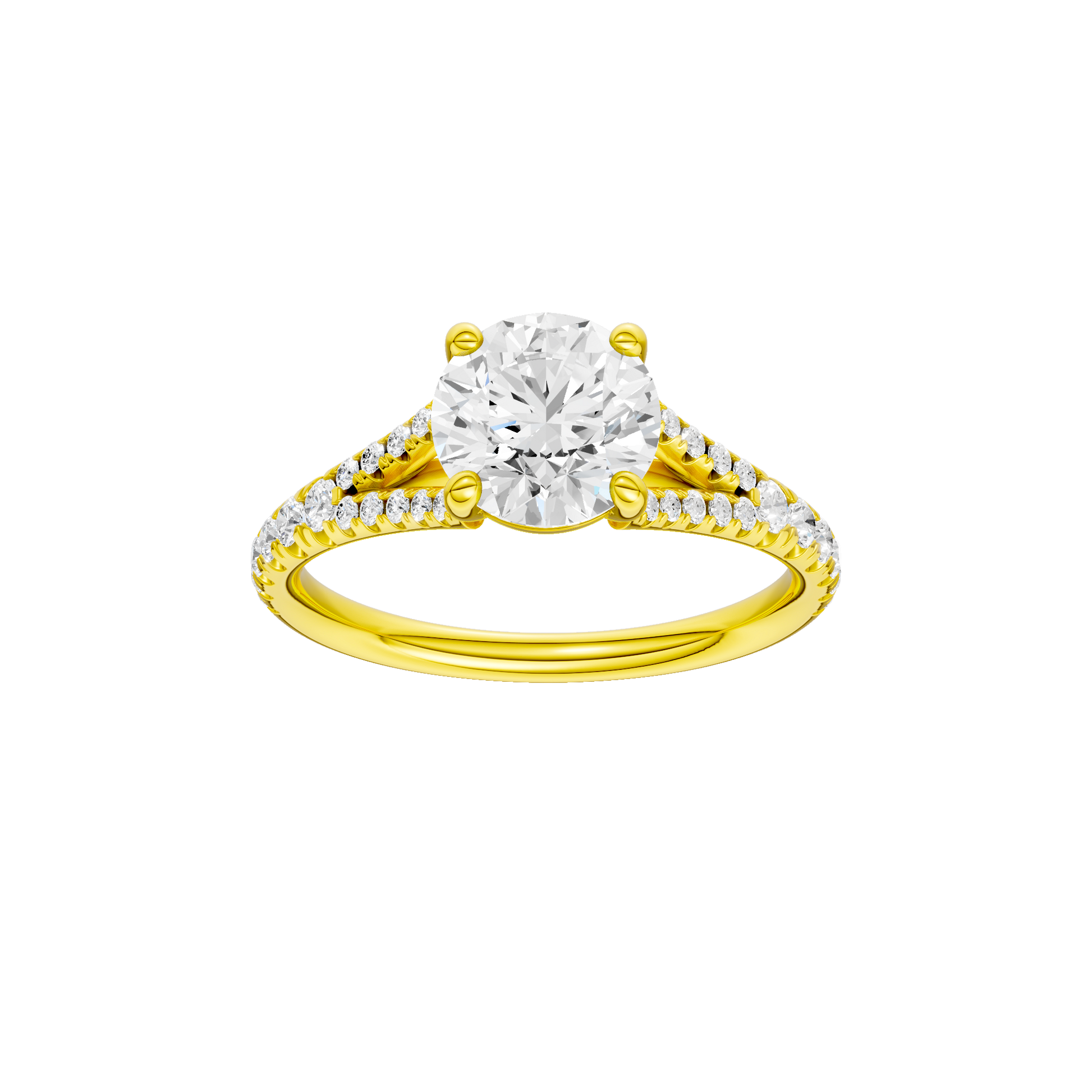 Round-cut diamond engagement ring with a prong-set diamond band and solitaire setting.
