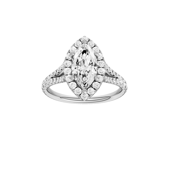 Marquise-cut diamond engagement ring with a prong-set diamond band and halo setting.