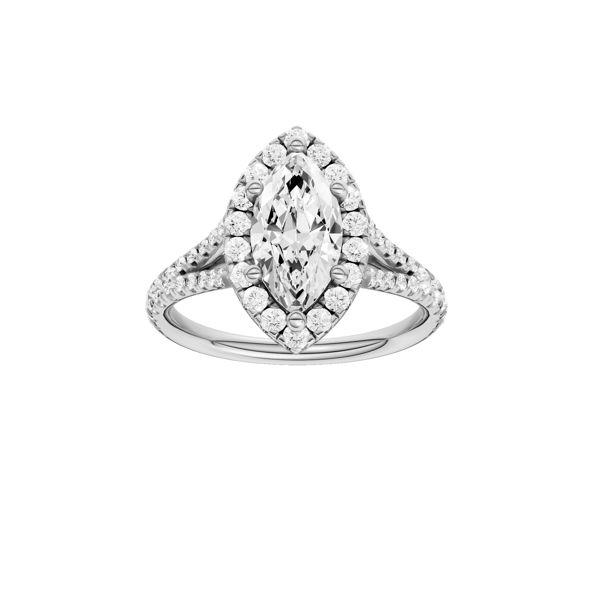 Marquise-cut diamond engagement ring with a prong-set diamond band and halo setting.