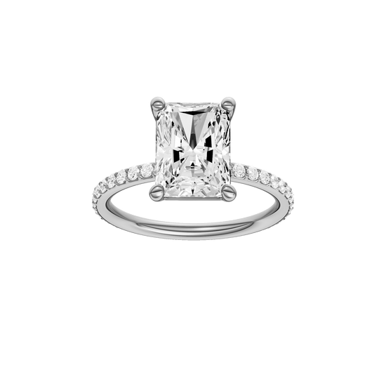 Radiant-cut diamond engagement ring with a prong-set diamond band and solitaire setting.