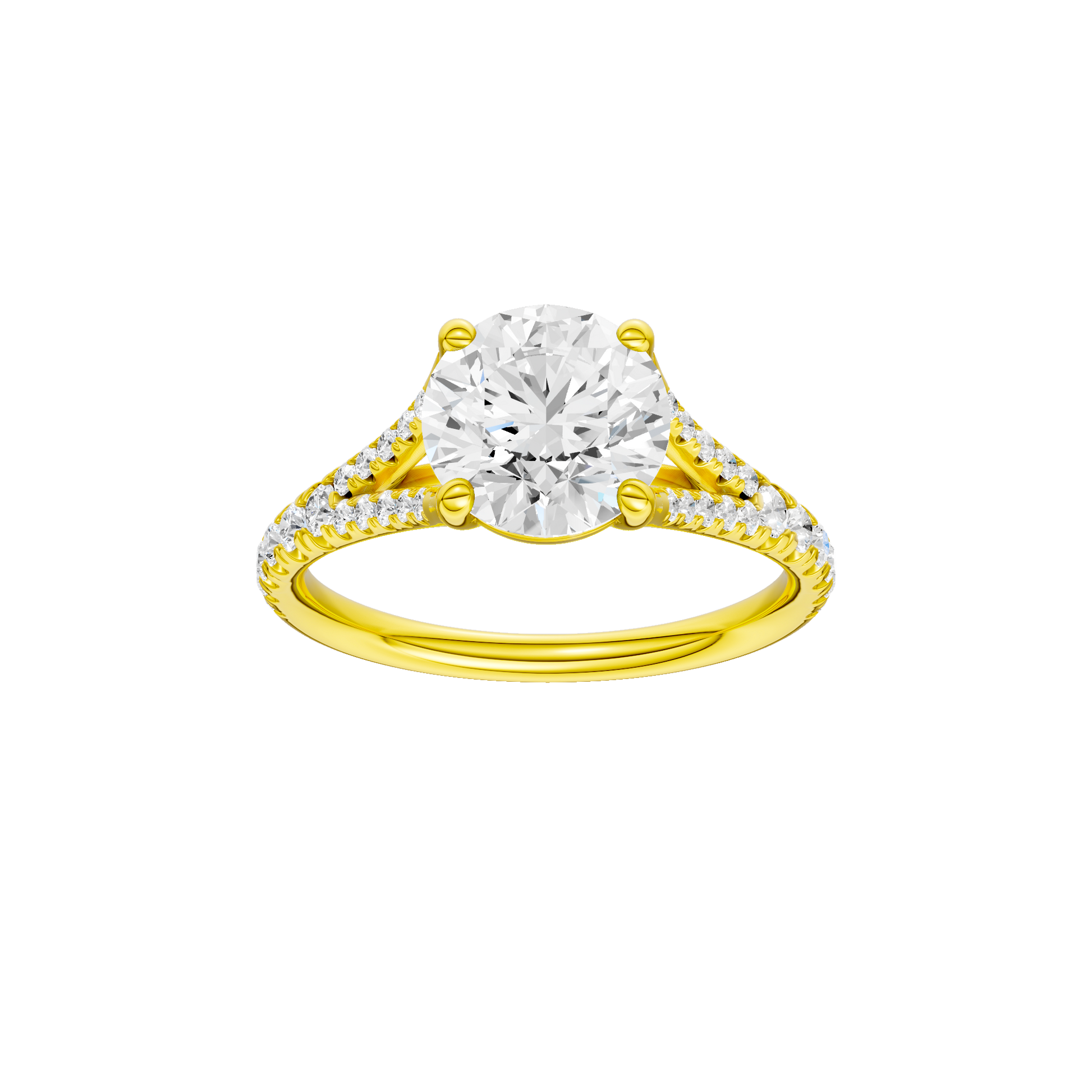 Round-cut diamond engagement ring with a prong-set diamond band and solitaire setting.