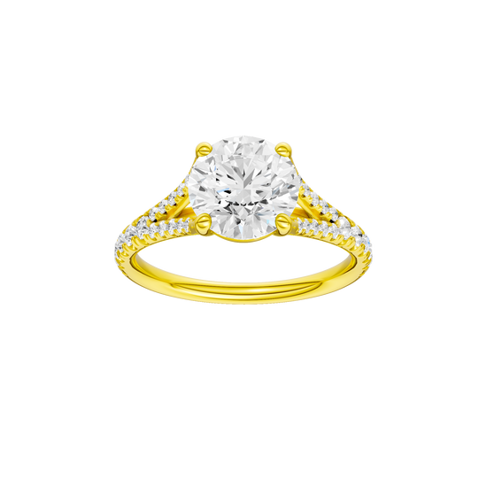 Round-cut diamond engagement ring with a prong-set diamond band and solitaire setting.