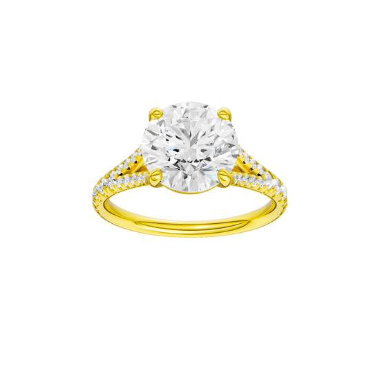 Round-cut diamond engagement ring with a prong-set diamond band and solitaire setting.