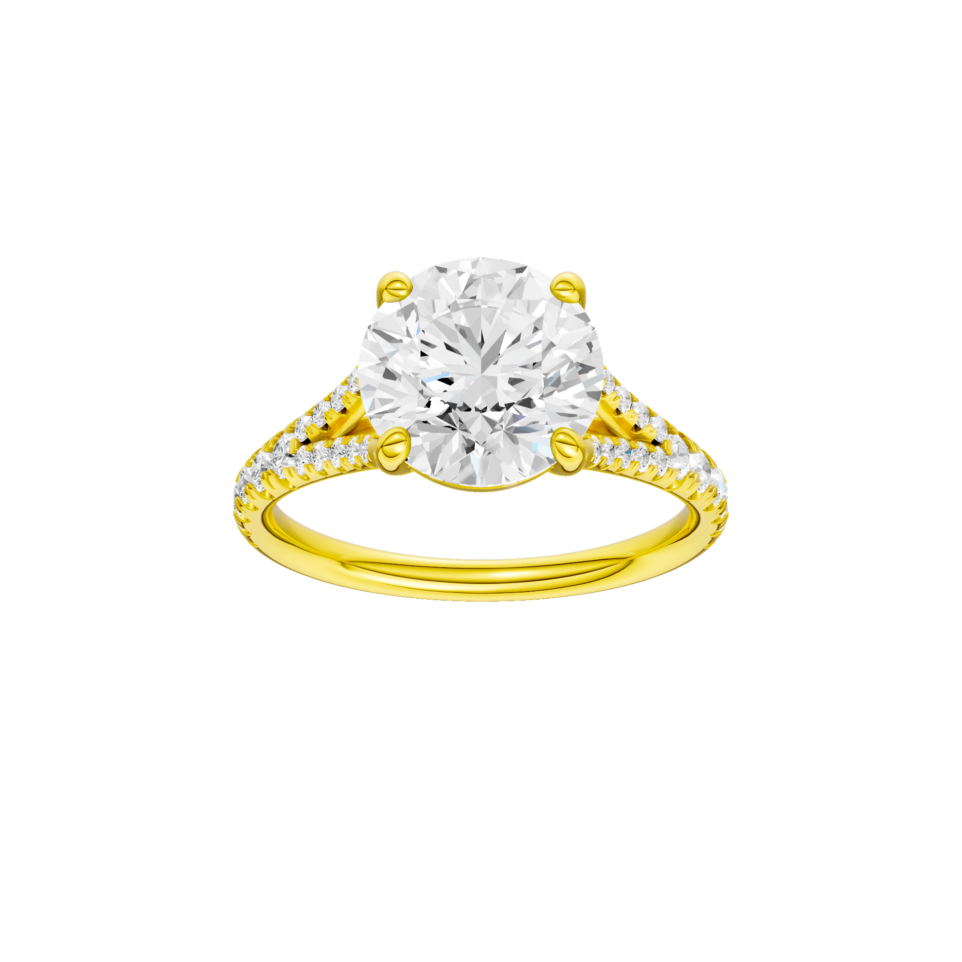 Round-cut diamond engagement ring with a prong-set diamond band and solitaire setting.