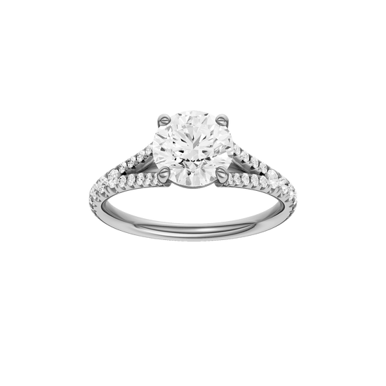 Round-cut diamond engagement ring with a prong-set diamond band and solitaire setting.