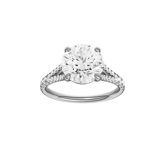 Round-cut diamond engagement ring with a prong-set diamond band and solitaire setting.