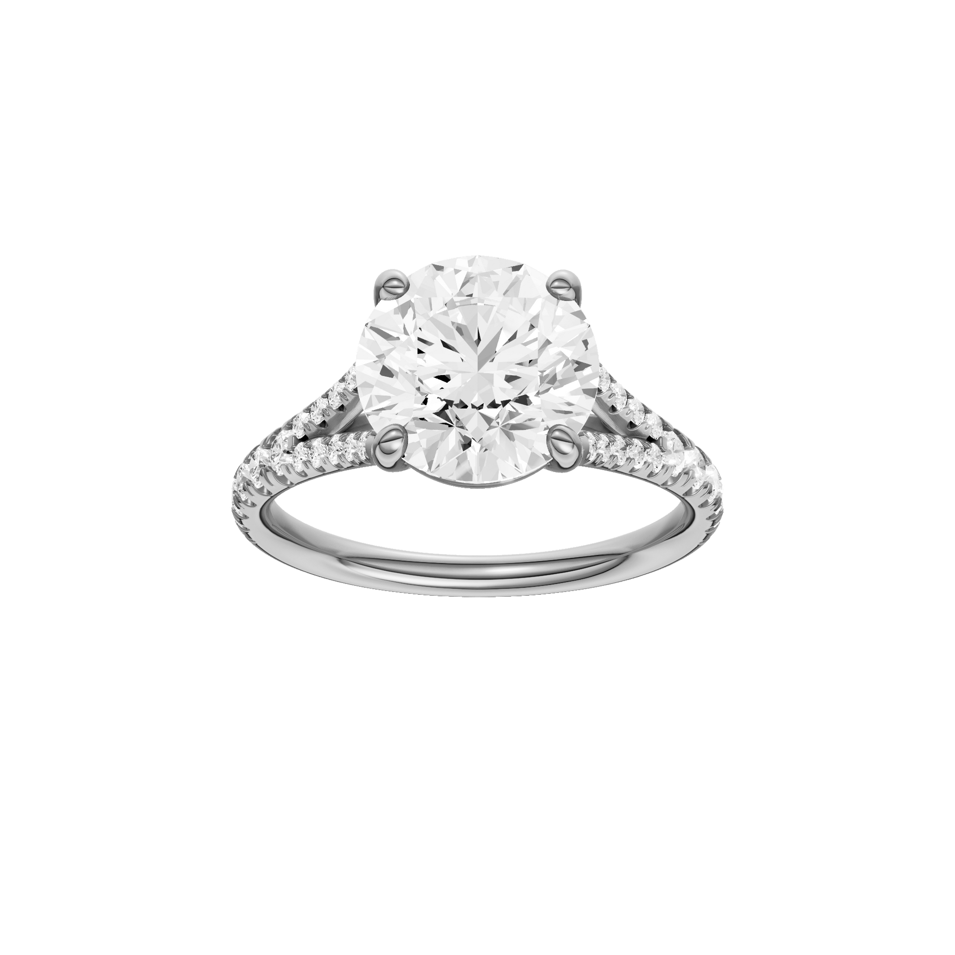 Round-cut diamond engagement ring with a prong-set diamond band and solitaire setting.