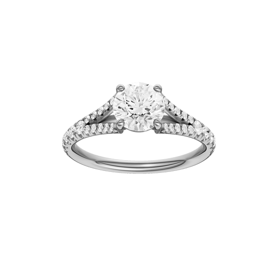 Round-cut diamond engagement ring with a prong-set diamond band and solitaire setting.