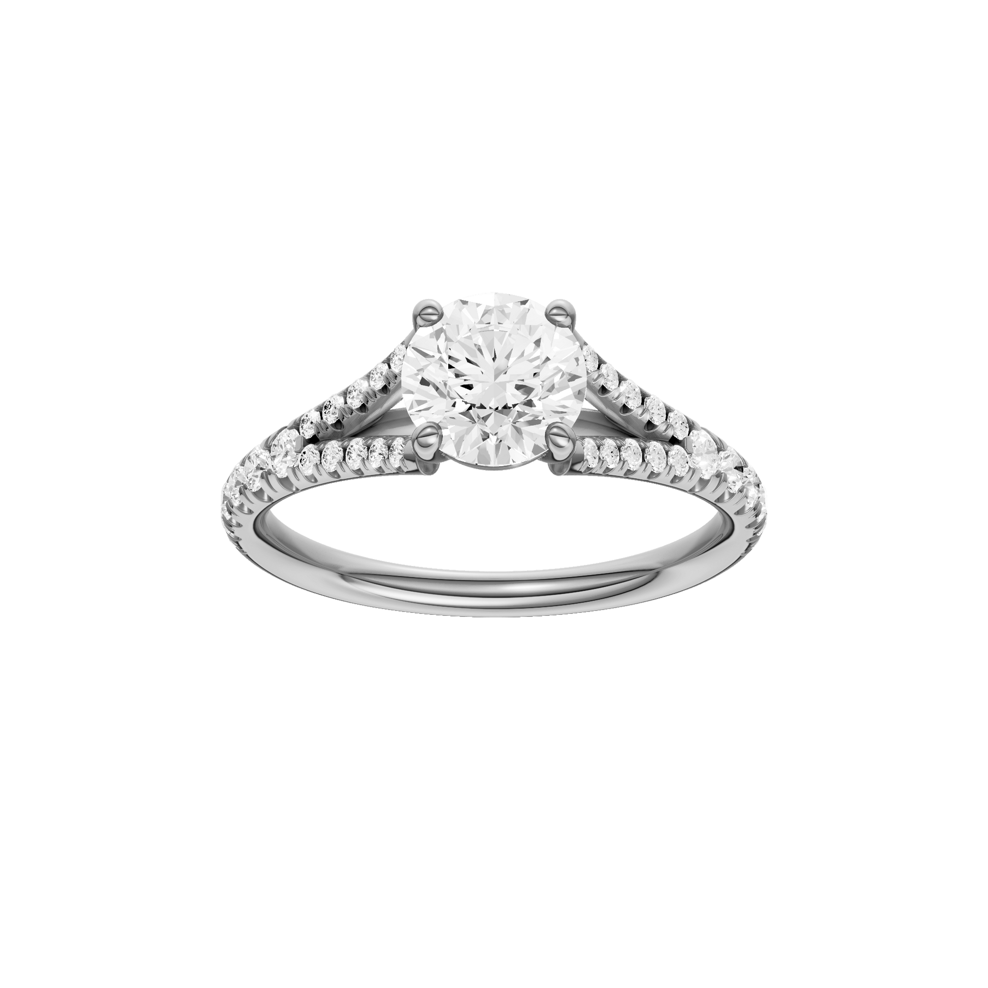 Round-cut diamond engagement ring with a prong-set diamond band and solitaire setting.