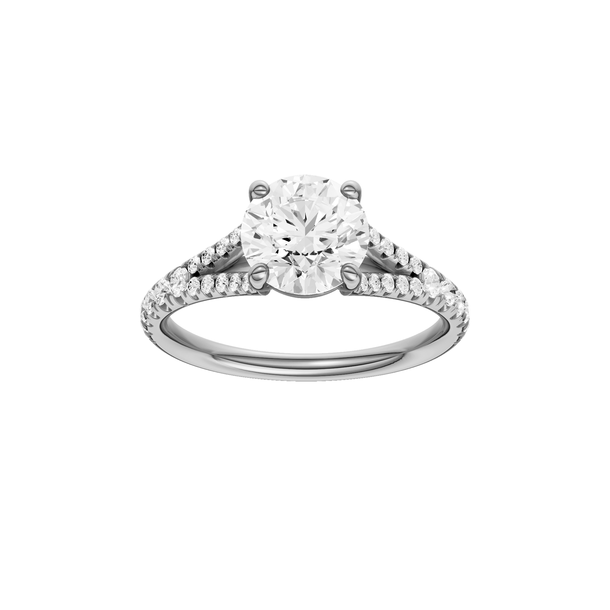Round-cut diamond engagement ring with a prong-set diamond band and solitaire setting.