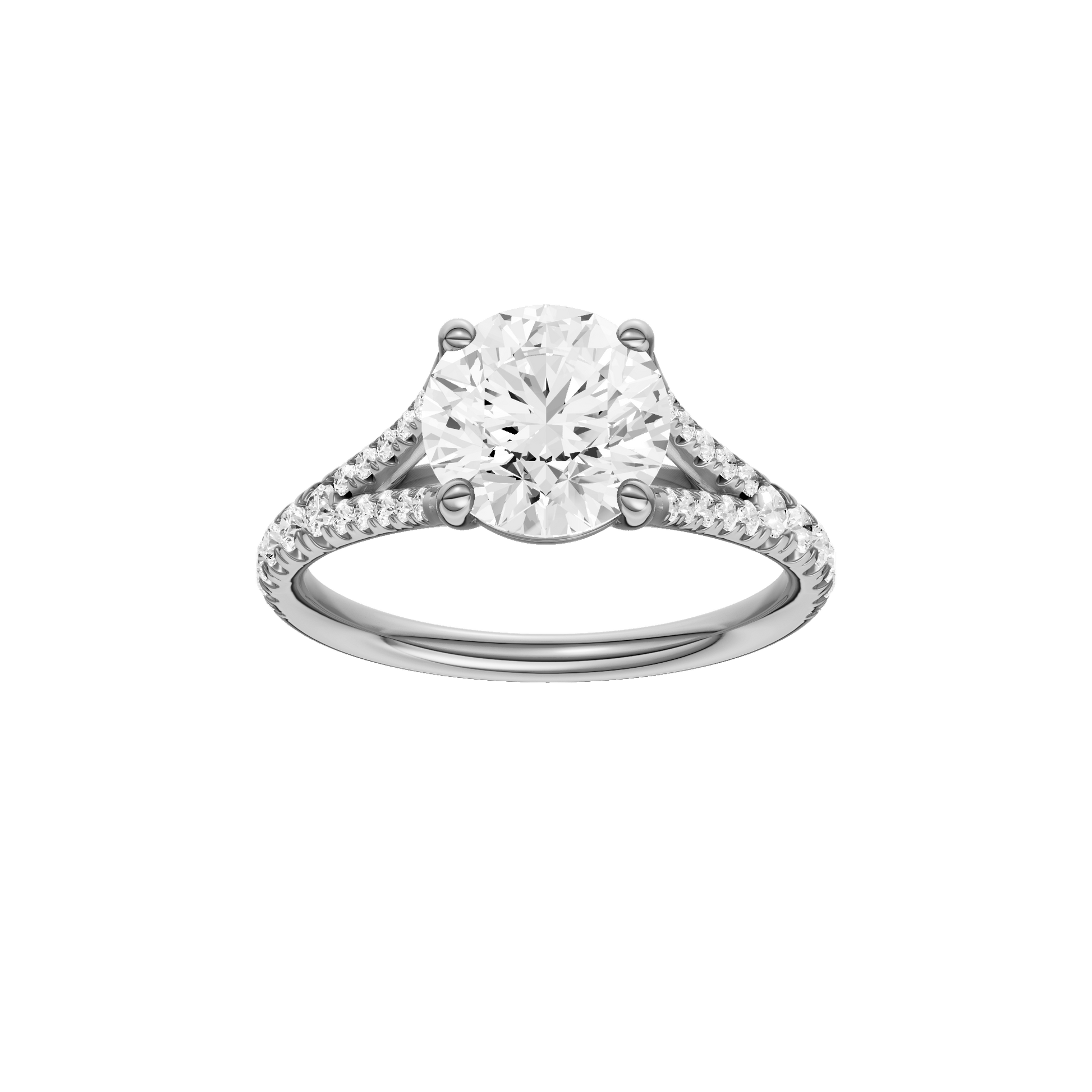 Round-cut diamond engagement ring with a prong-set diamond band and solitaire setting.