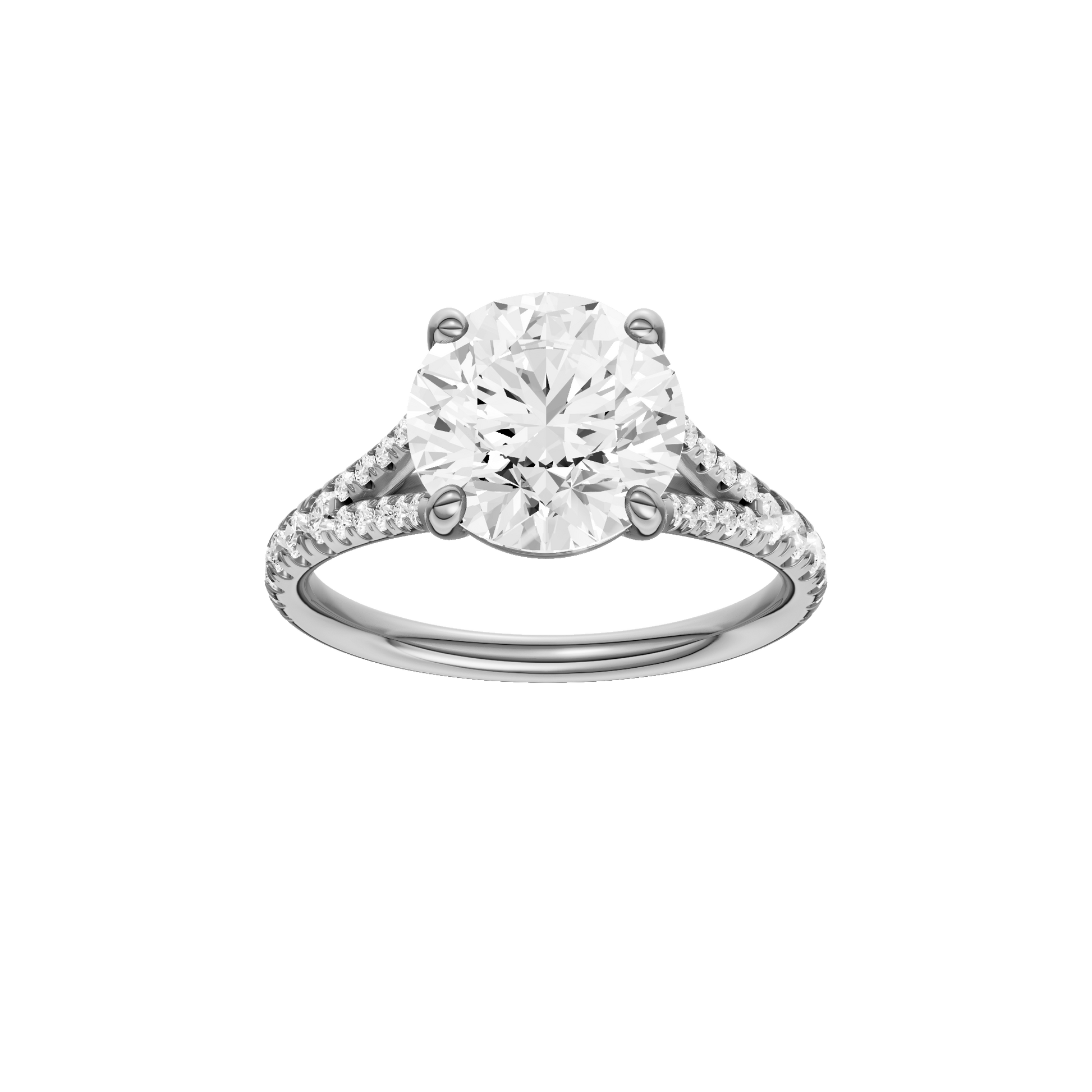Round-cut diamond engagement ring with a prong-set diamond band and solitaire setting.
