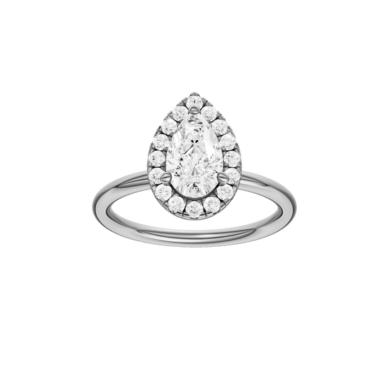 Pear-cut diamond engagement ring with a plain band and halo setting.
