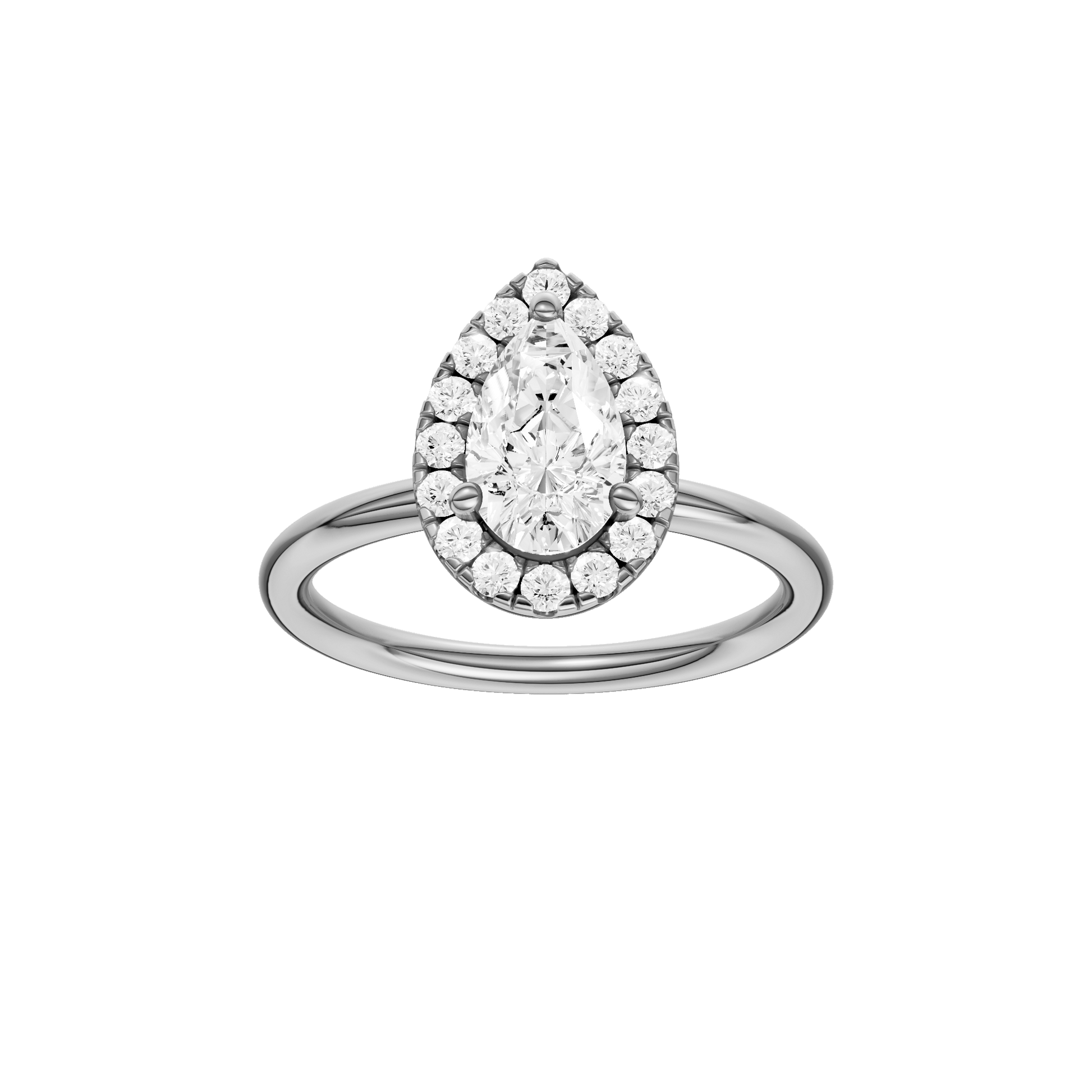Pear-cut diamond engagement ring with a plain band and halo setting.