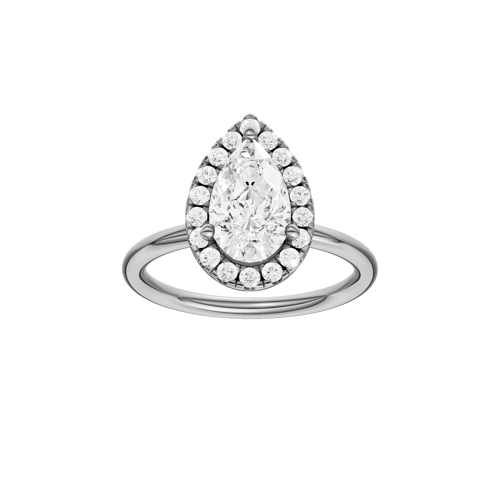 Pear-cut diamond engagement ring with a plain band and halo setting.
