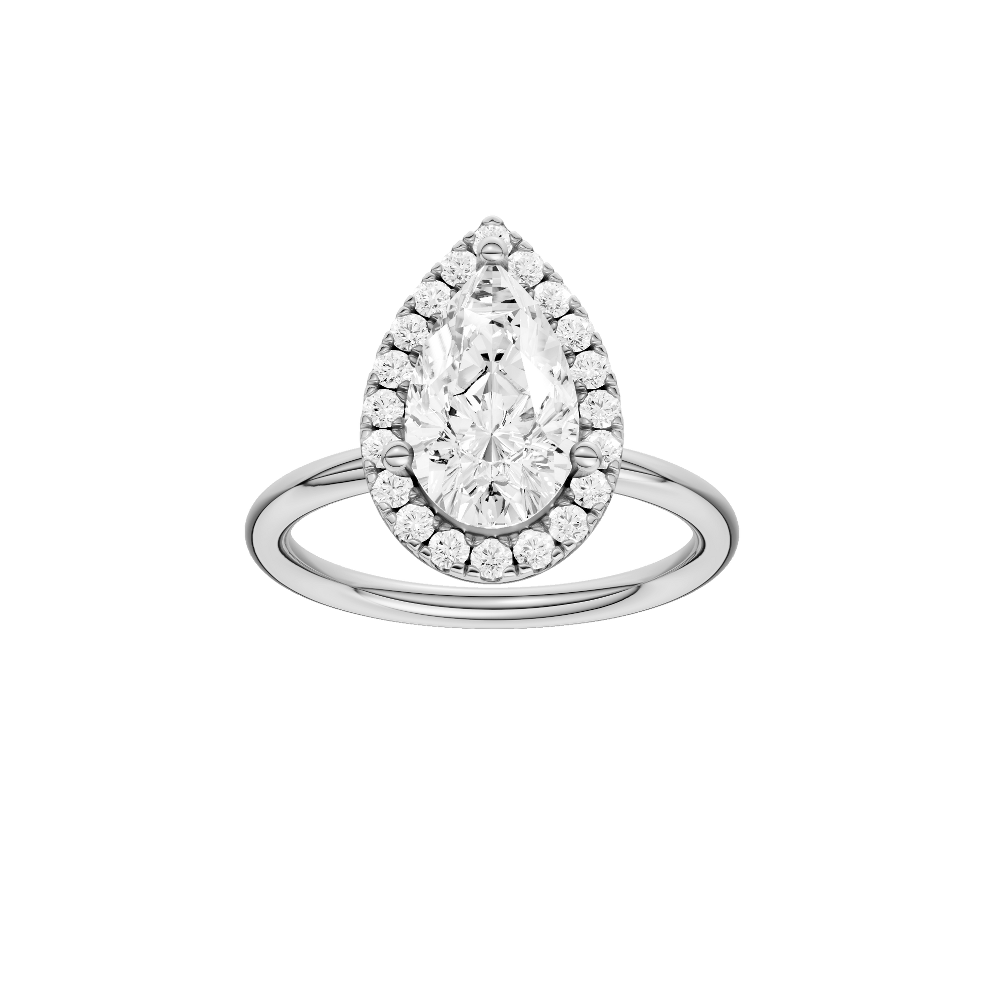 Pear-cut diamond engagement ring with a plain band and halo setting.