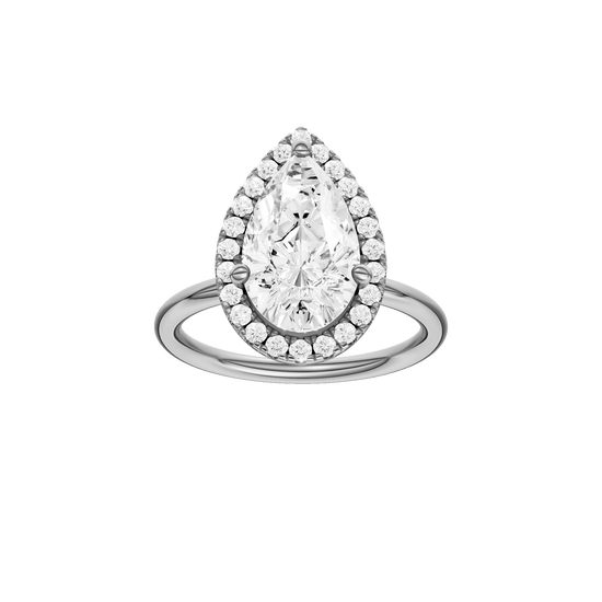 Pear-cut diamond engagement ring with a plain band and halo setting.