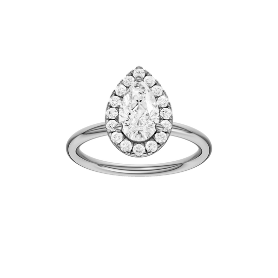 Pear-cut diamond engagement ring with a plain band and halo setting.