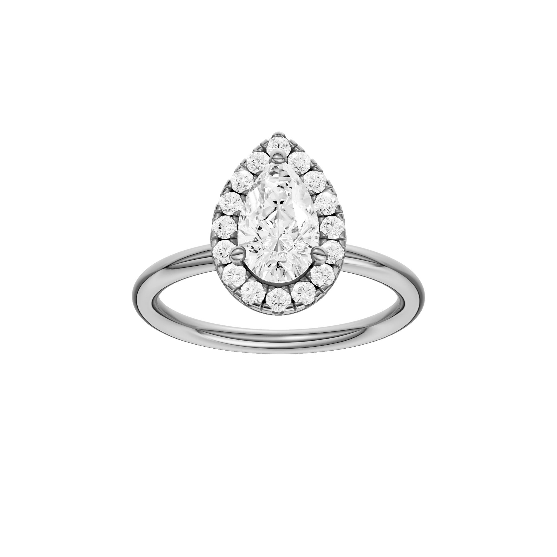 Pear-cut diamond engagement ring with a plain band and halo setting.