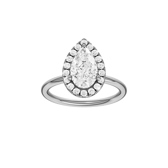 Pear-cut diamond engagement ring with a plain band and halo setting.