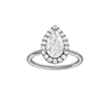Pear-cut diamond engagement ring with a plain band and halo setting.