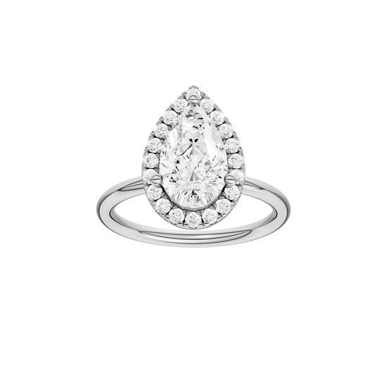Pear-cut diamond engagement ring with a plain band and halo setting.