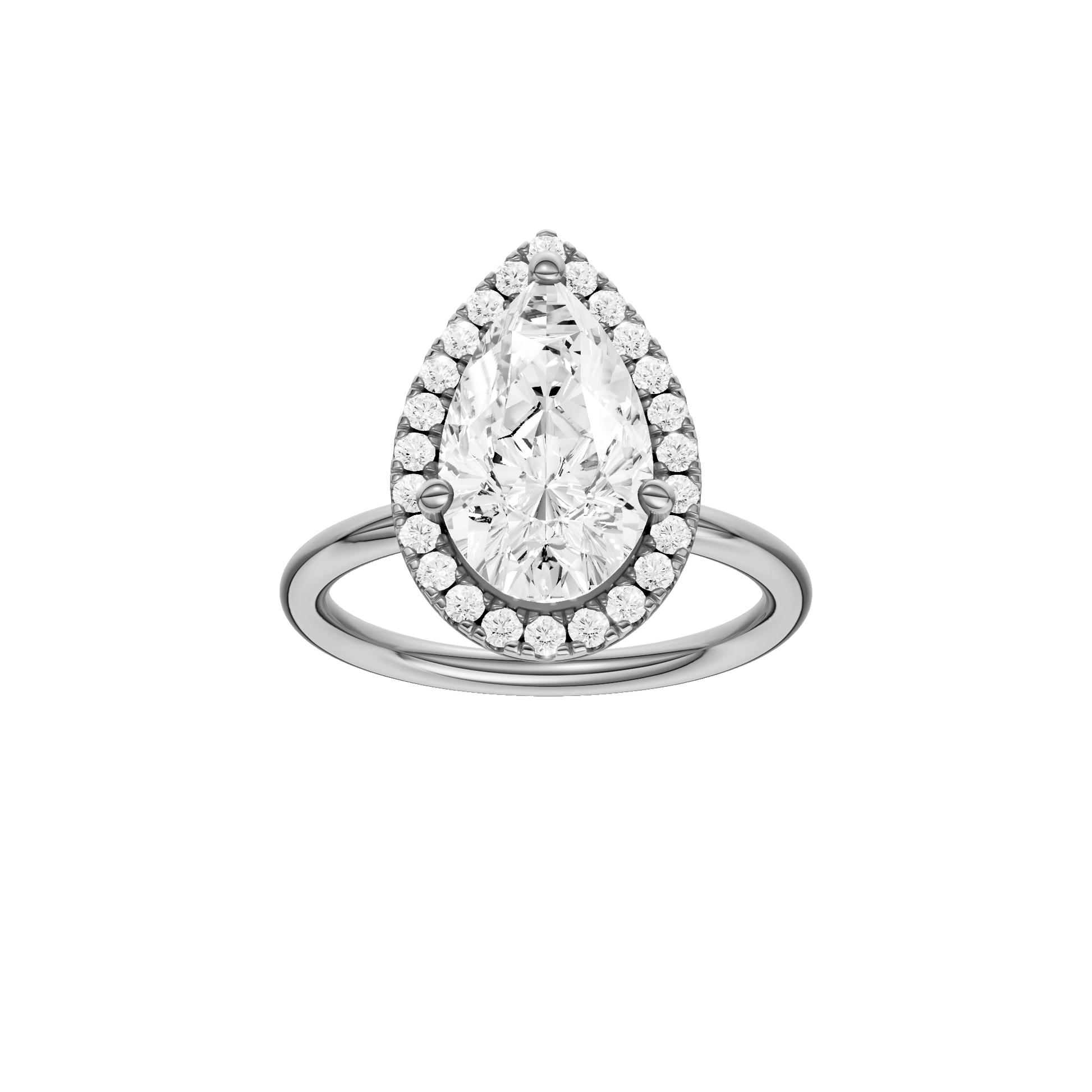 Pear-cut diamond engagement ring with a plain band and halo setting.