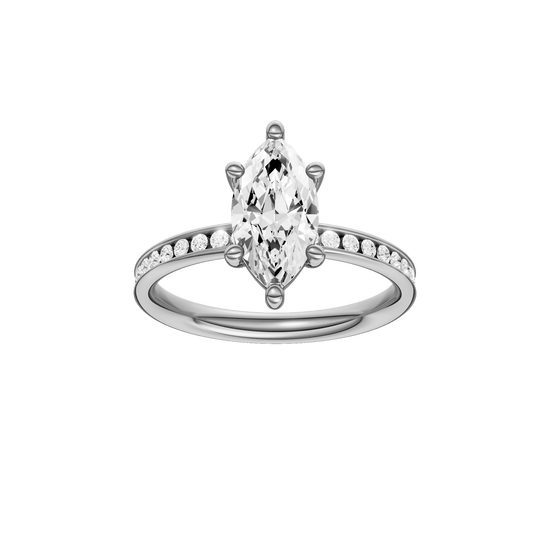 Marquise-cut diamond engagement ring with a channel-set diamond band and solitaire setting.