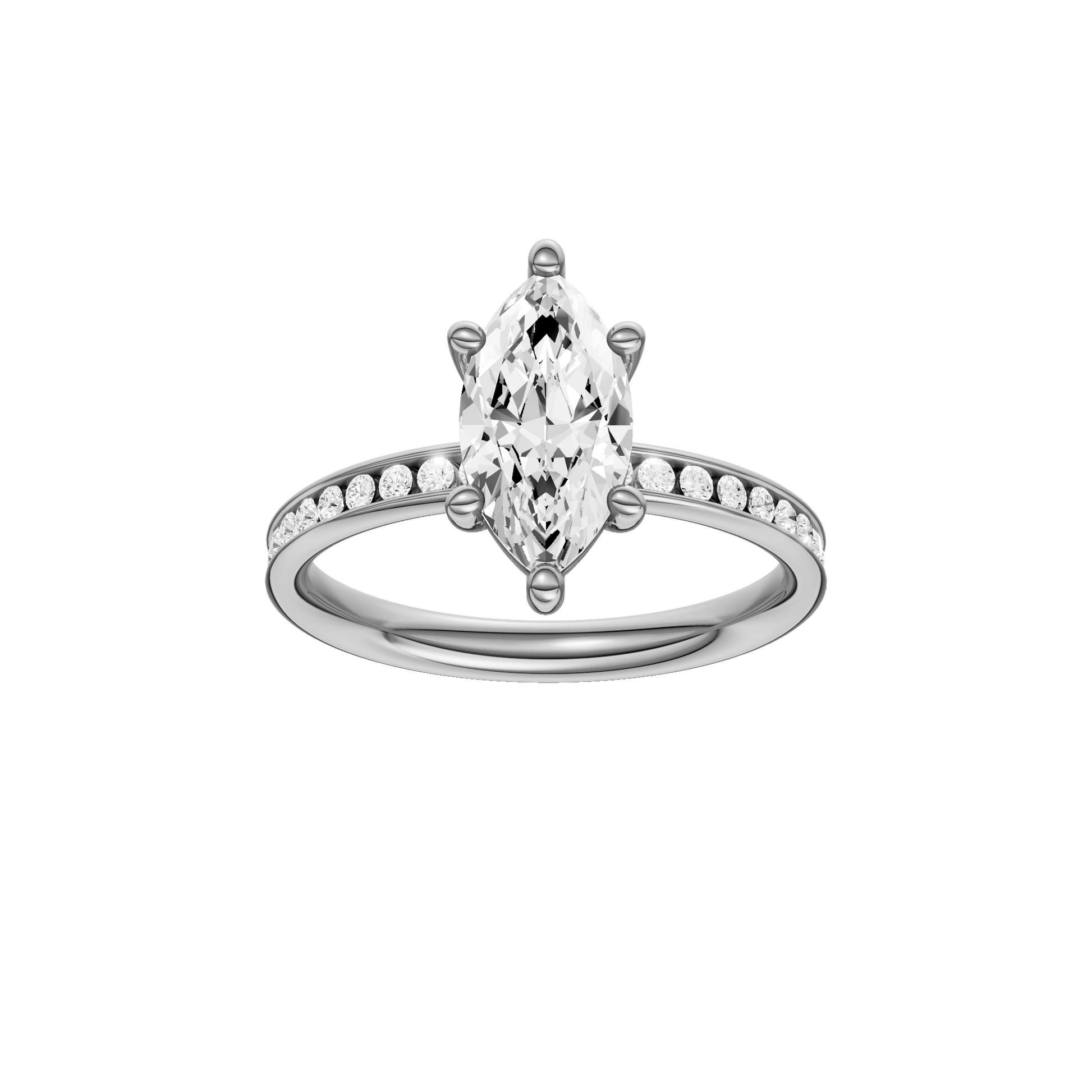 Marquise-cut diamond engagement ring with a channel-set diamond band and solitaire setting.