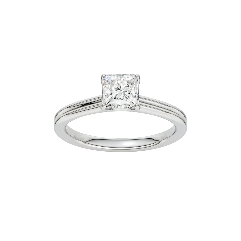 Princess-cut diamond engagement ring with a plain band and solitaire setting.
