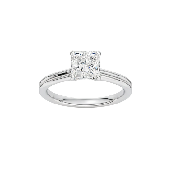 Princess-cut diamond engagement ring with a plain band and solitaire setting.